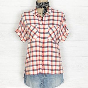 A New Day Women's XL Plaid Short Sleeve Button Up Shirt Rolled Short Sleeve